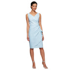 Alex Evenings Women's Slimming Short Ruched Dress with Ruffle (Petite and Regular), Light Blue, 8