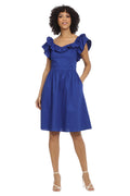 Maggy London Women's Ruffle Details Cotton Poplin Dress, Sodalite Blue