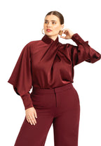 ELOQUII Women's Plus Size Draped Neck Satin Blouse - 24, Zinfandel