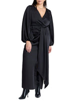 ELOQUII Women's Plus Size Pleated Satin -Sleeve Maxi Dress - 16, Black Onyx