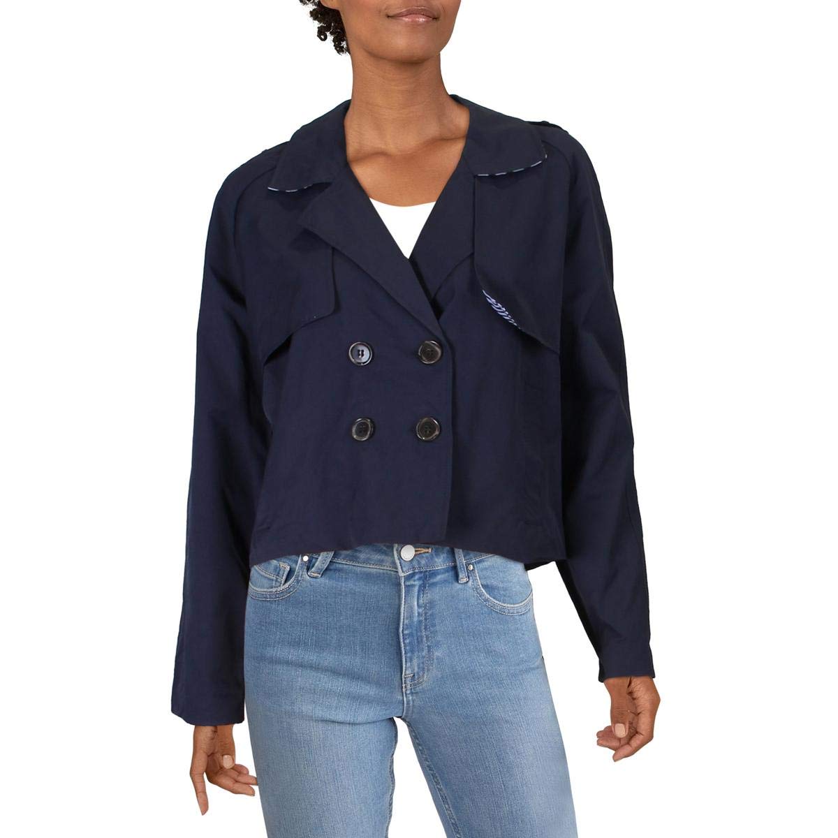Maison Jules Womens Crop Cold Weather Trench Jacket Blue M