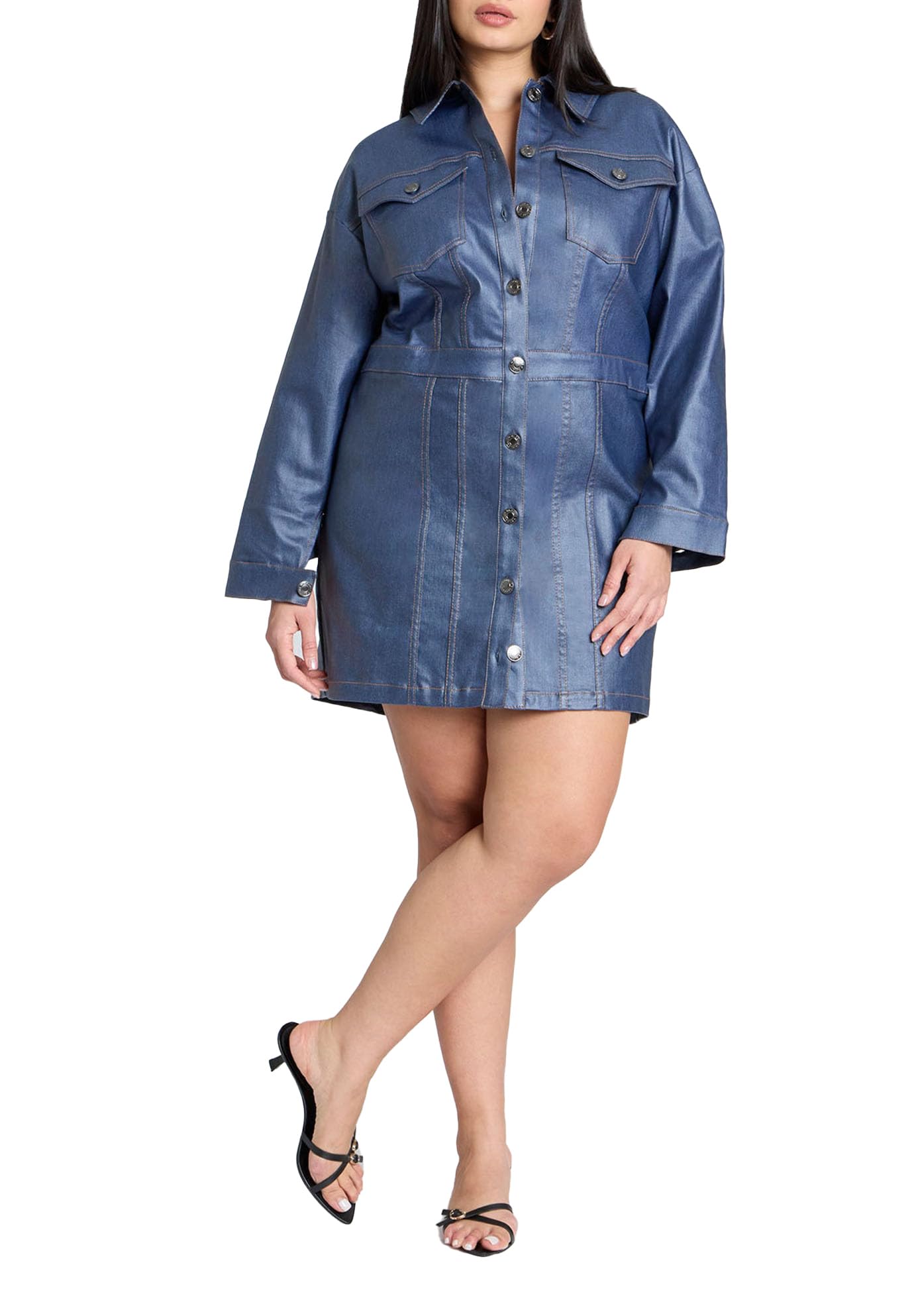 ELOQUII Women's Plus Size Coated Denim Mini Dress - 20, Light Wash