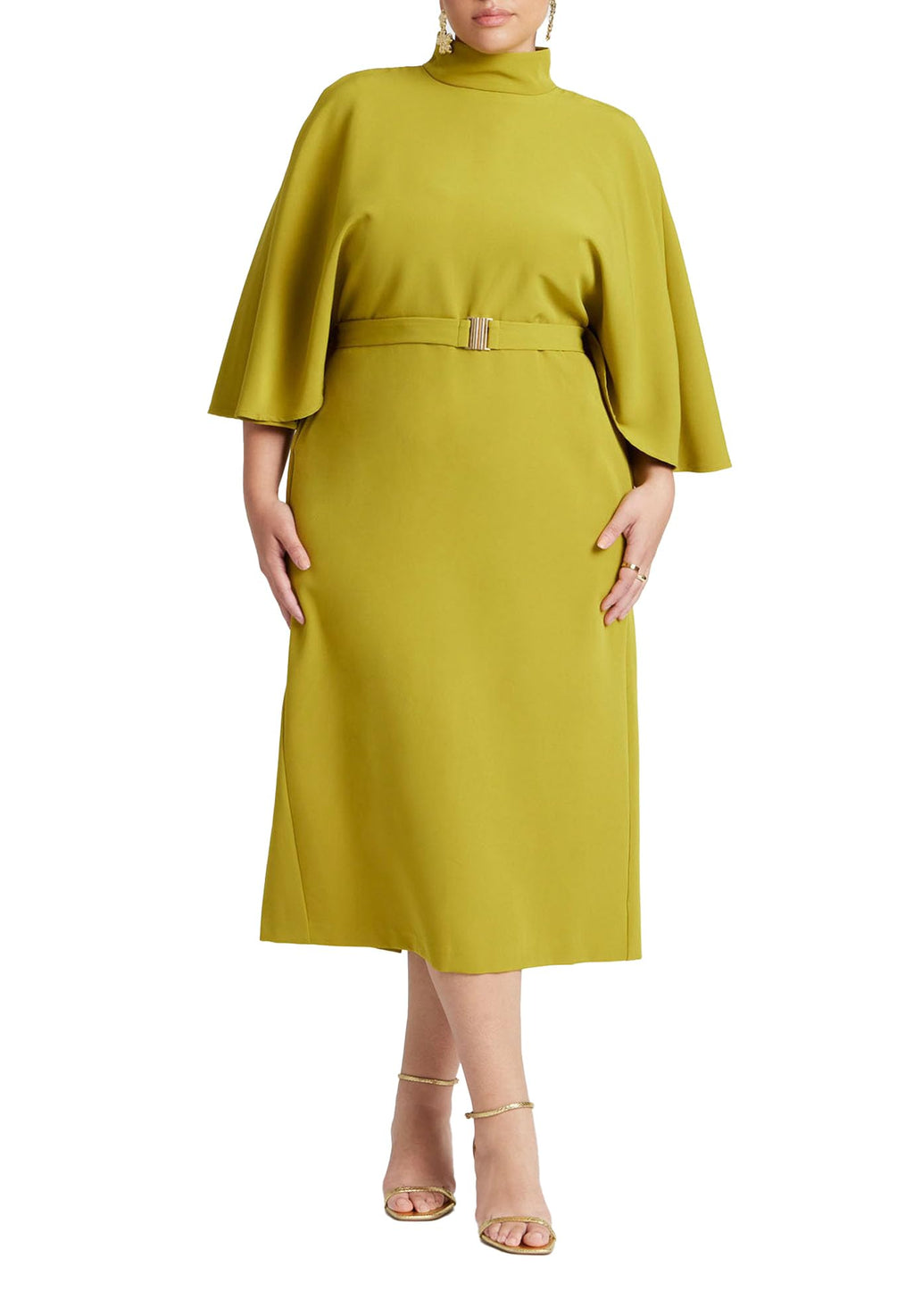 ELOQUII Women's Plus Size Cape Sleeve Belted Midi Dress - 20, Camp Green