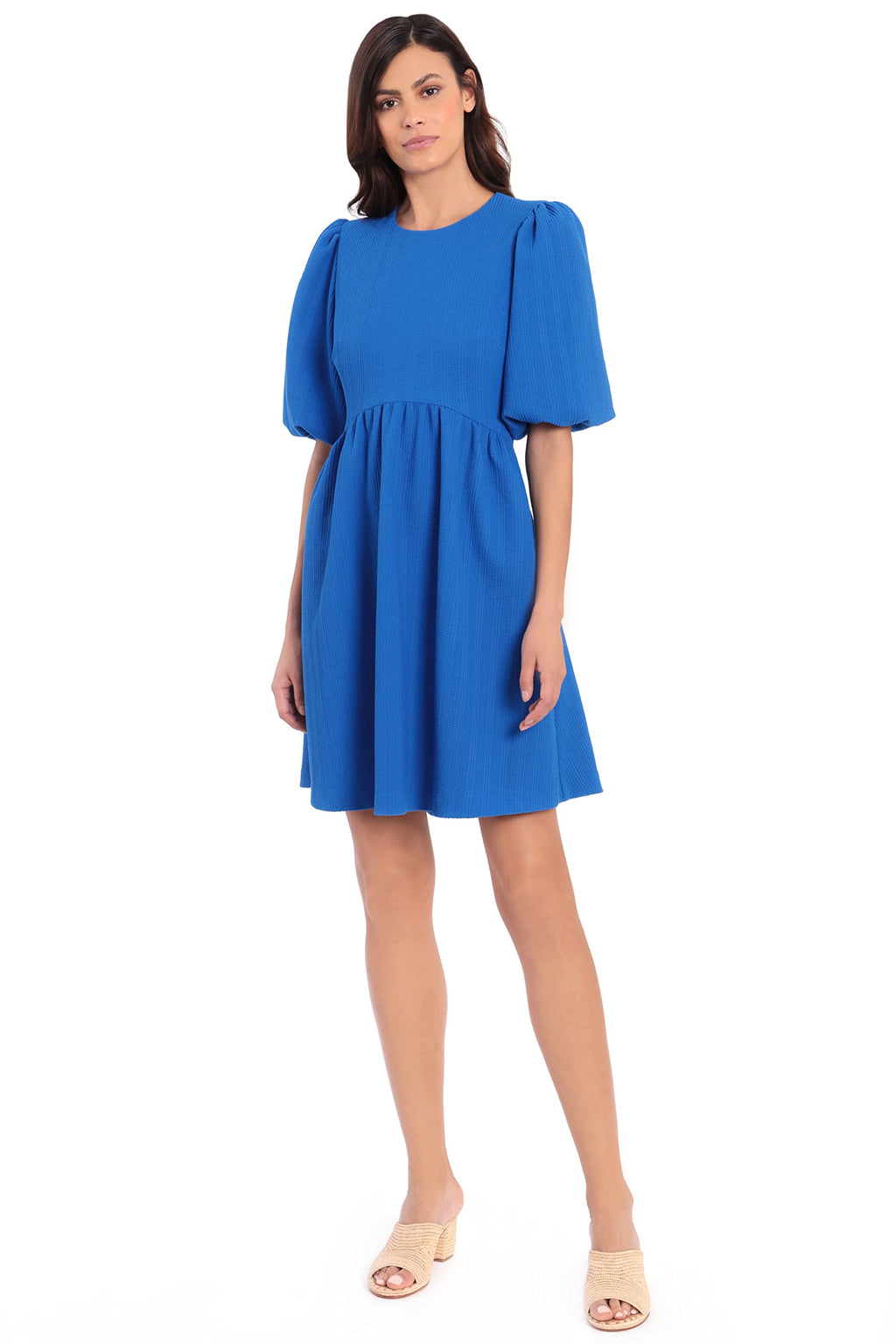 Maggy London Women's Puff Short Sleeve Seersucker Dress with Curved Empire Waist and Shirred Above The Knee Skirt, Princess Blue