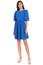 Maggy London Women's Puff Short Sleeve Seersucker Dress with Curved Empire Waist and Shirred Above The Knee Skirt, Princess Blue