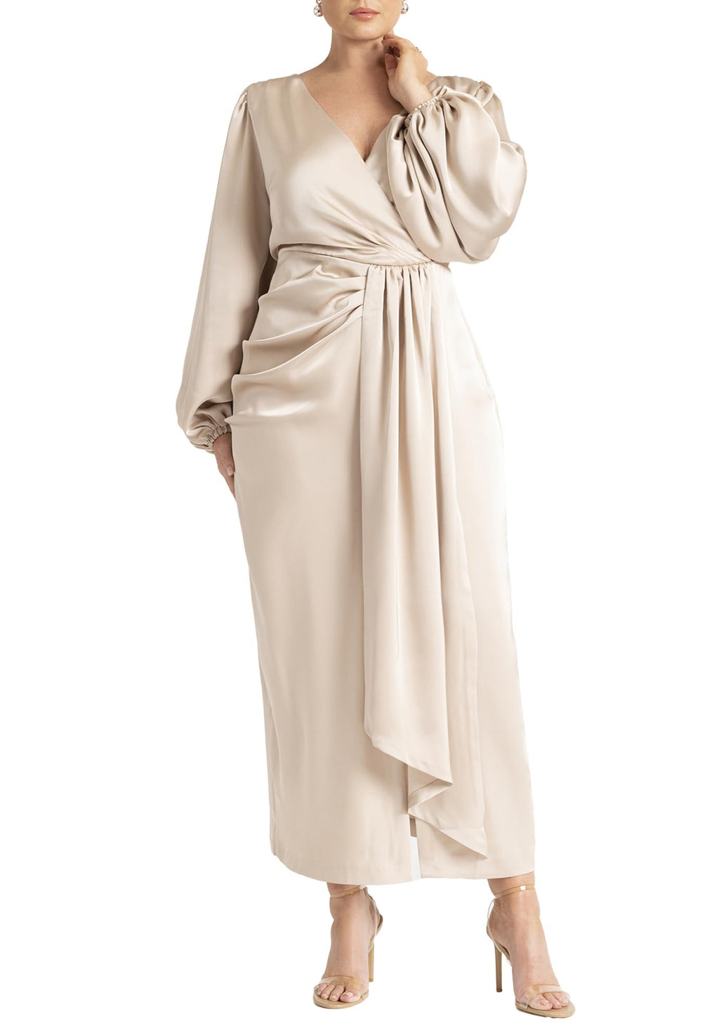 ELOQUII Women's Plus Size Satin Sleeve Pleated Dress - 18, Light Tan