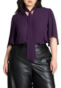 ELOQUII Women's Plus Size Bow Blouse with Flutter Sleeve - 20, Deep Purple