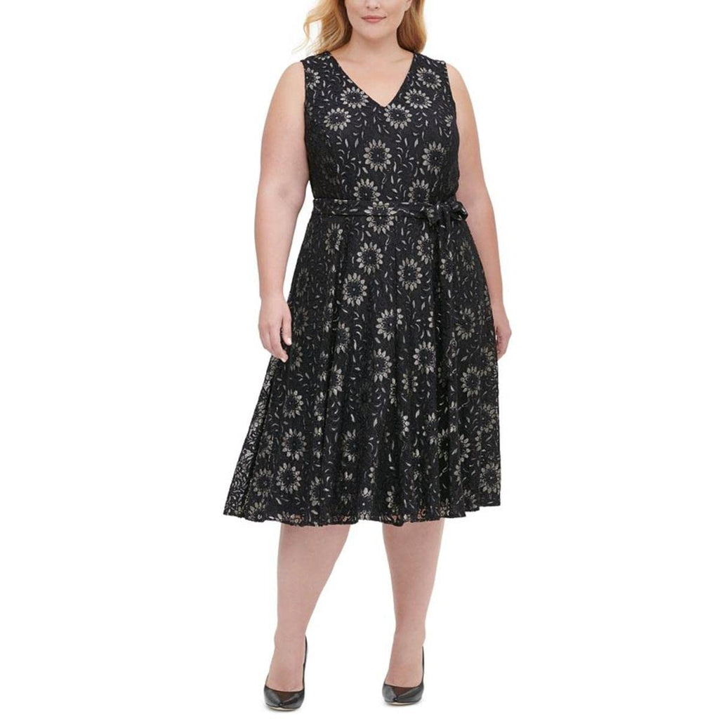 Tommy Hilfiger Womens Plus V Neck Lace Midi Dress Black 14W