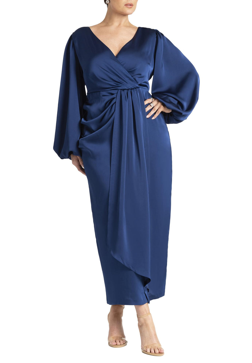 ELOQUII Women's Plus Size Satin Sleeve Pleated Dress - 14, Marine Blue