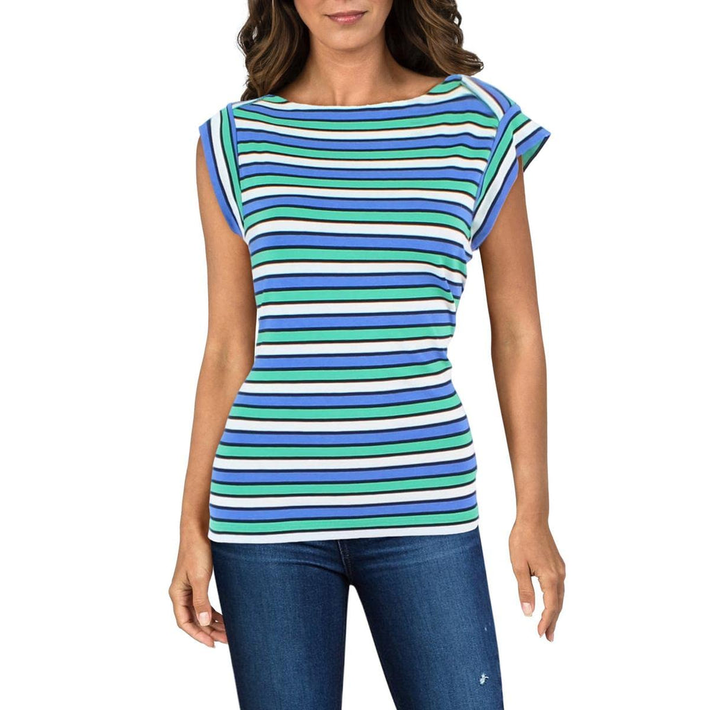 Anne Klein Womens Cap Sleeve Striped Pullover Top Blue M