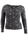 Ultra Flirt Junior Womens Floral Print Waffle Texture Henley Top Black Floral Size Large