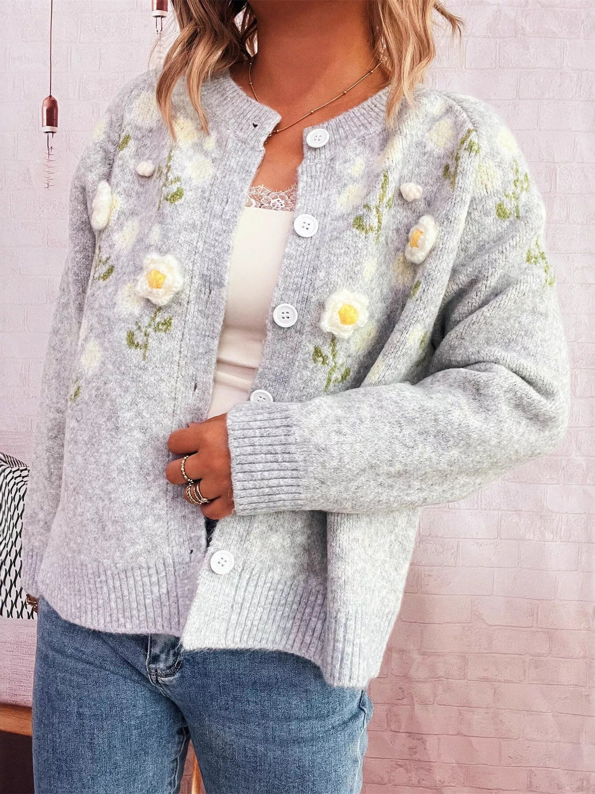 Flower Button Up Long Sleeve Cardigan