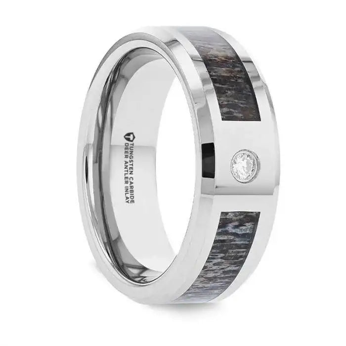 COLTON Tungsten Carbide Ring Ombre Deer Antler Inlay Polished Beveled Edges with Diamond - 8mm