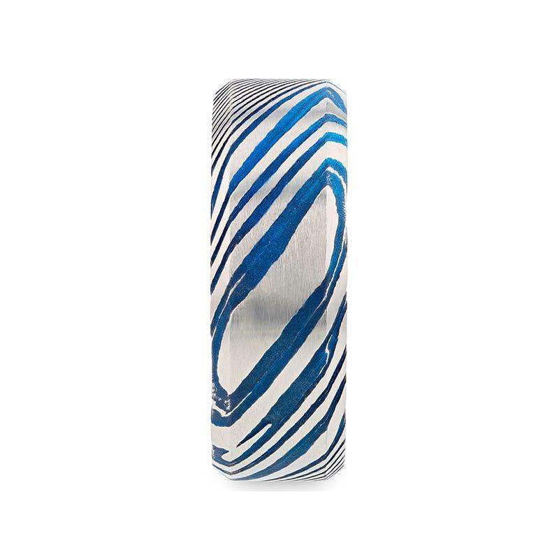 BISMAN Blue Beveled Brushed Damascus Steel Men’s Wedding Band with A Vivid Etched Design - 6mm & 8mm