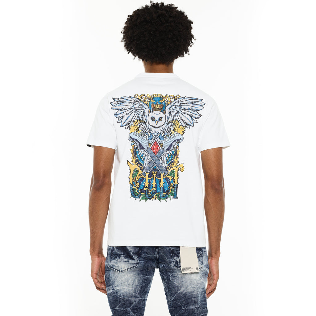 Cult's Heavyweight Short Sleeve Crew Neck Tee "Owl" in White