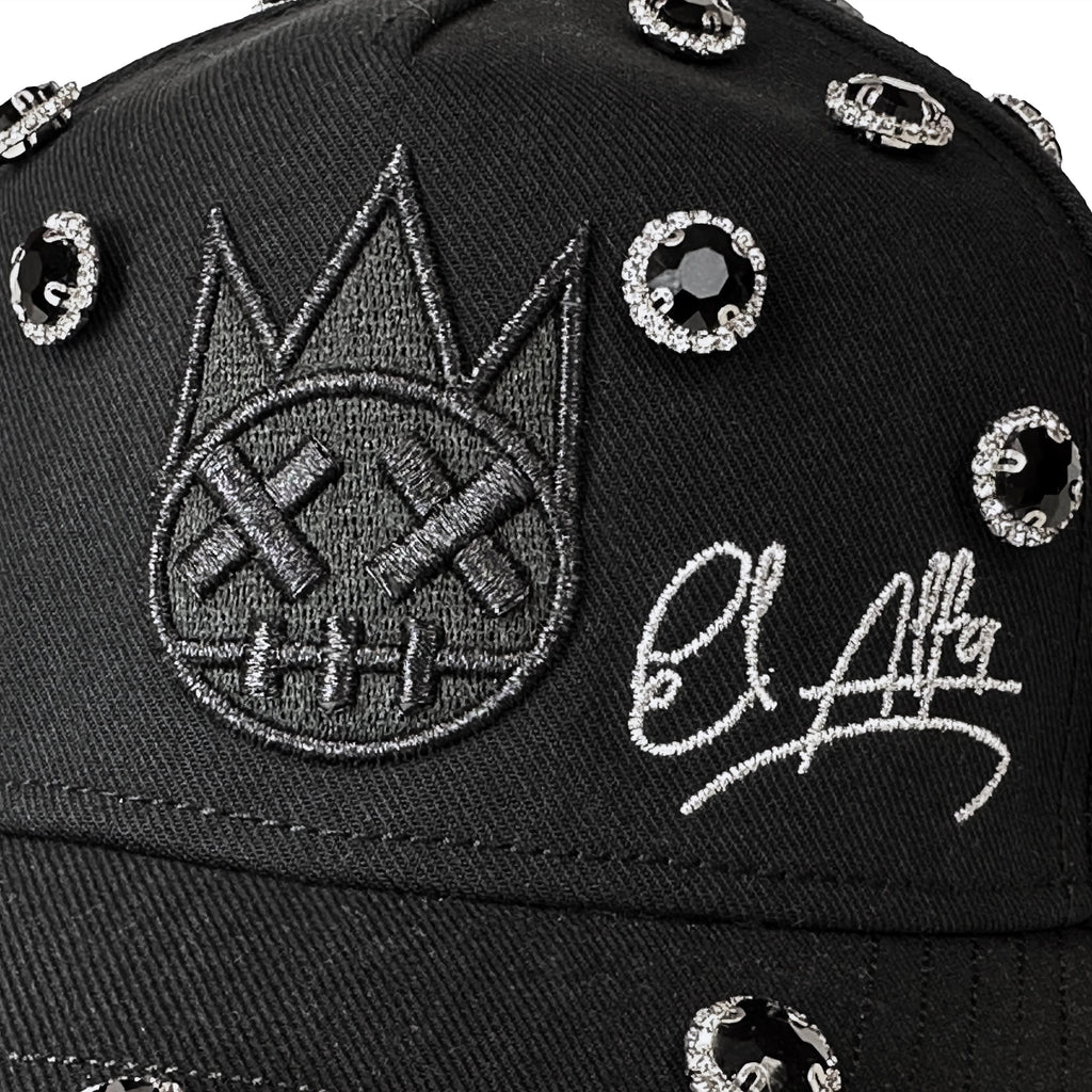Cult x El Alfa Logo Crystal 5 Panel A Frame Trucker Hat in Black