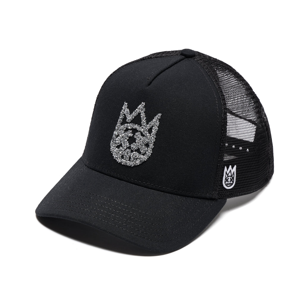 Cult's Silver White Crystal Logo Mesh Back Trucker Hat in Black