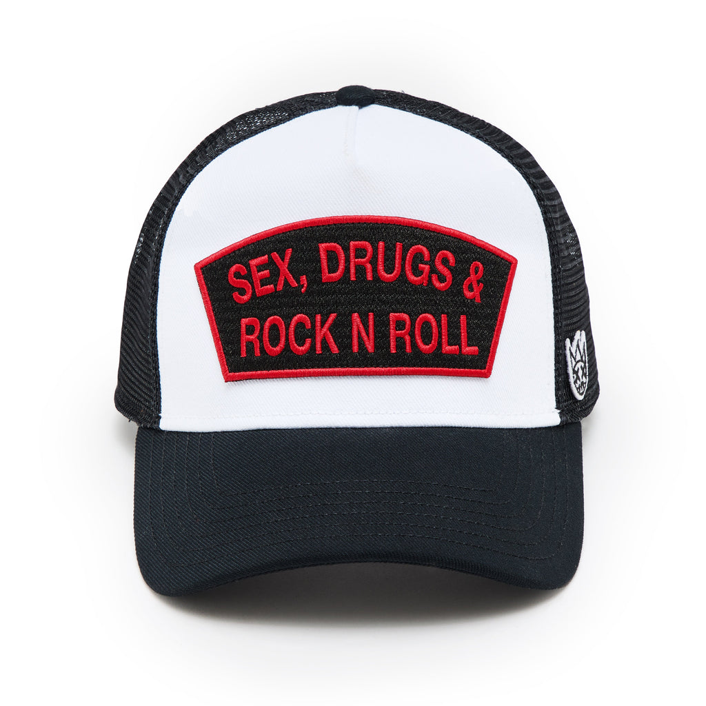 Cult's Logo Mesh Back Trucker Hat "Sex Drugs Rock N Roll" in White