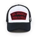 Cult's Logo Mesh Back Trucker Hat "Sex Drugs Rock N Roll" in White
