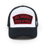 Cult's Logo Mesh Back Trucker Hat "Sex Drugs Rock N Roll" in White
