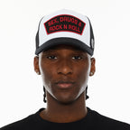 Cult's Logo Mesh Back Trucker Hat "Sex Drugs Rock N Roll" in White