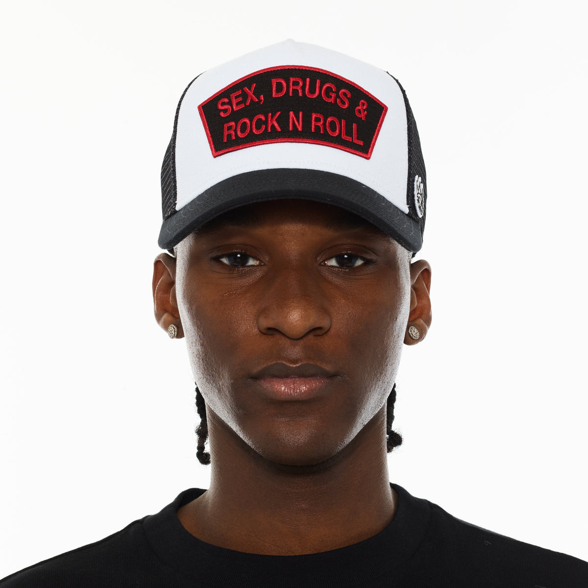 Cult's Logo Mesh Back Trucker Hat "Sex Drugs Rock N Roll" in White