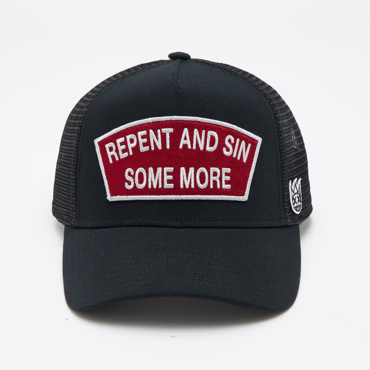 Cult's Logo Mesh Back Trucker Hat "Repent And Sin Some More" in Black