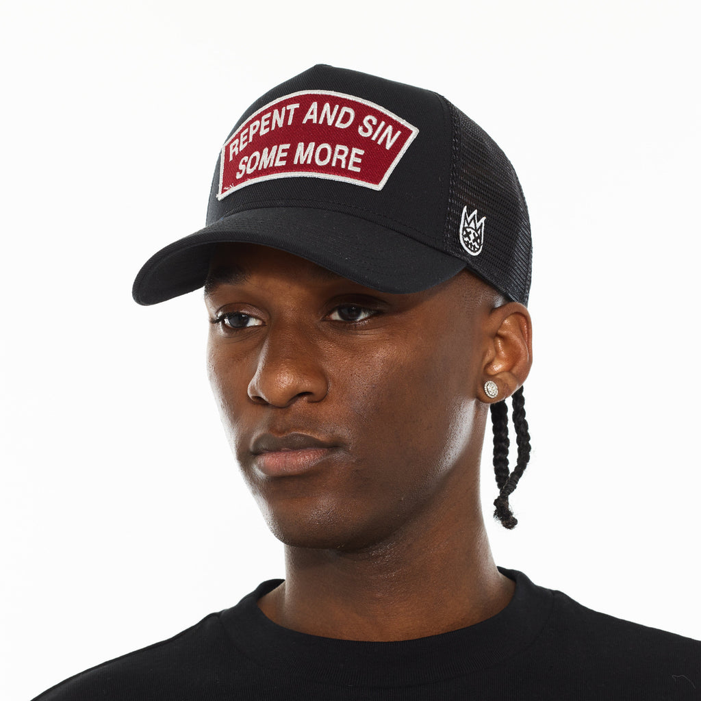 Cult's Logo Mesh Back Trucker Hat "Repent And Sin Some More" in Black