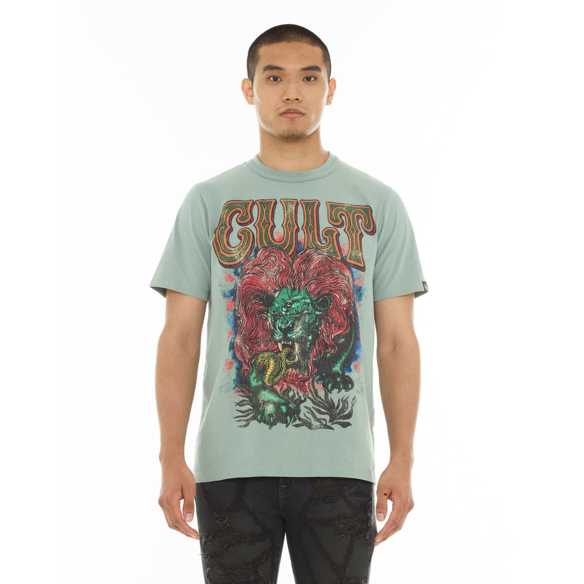 Cult's Heavyweight Short Sleeve Crew Neck Tee "Lion" in Granite Green