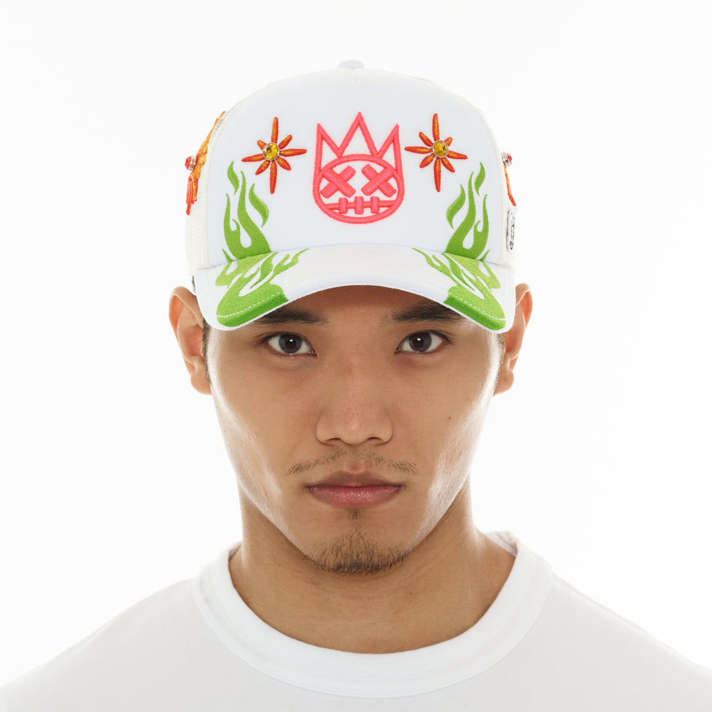 Cult's Mesh Back Trucker Hat "Sunny Daze Spider" In Winter White