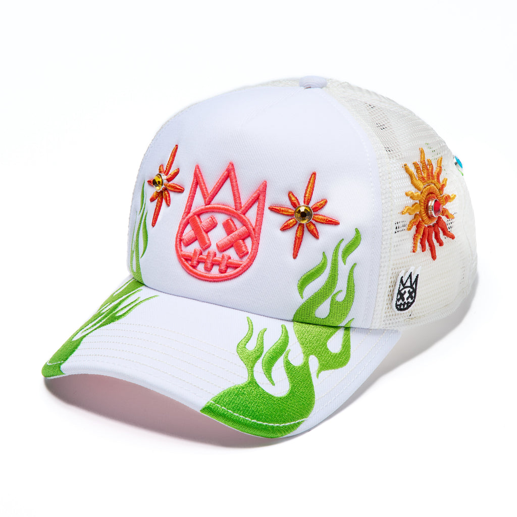 Cult's Mesh Back Trucker Hat "Sunny Daze Spider" In Winter White