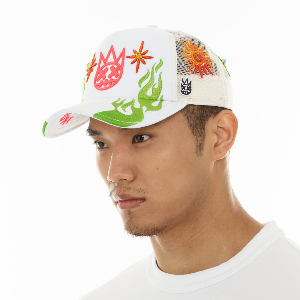 Cult's Mesh Back Trucker Hat "Sunny Daze Spider" In Winter White