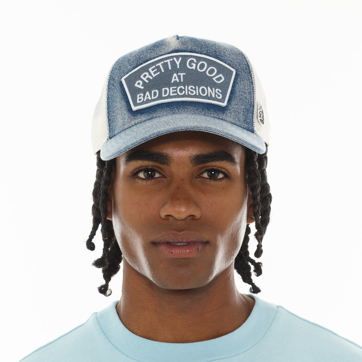 Cult's Mesh Trucker Hat "Good At Bad Decisions" In Denim