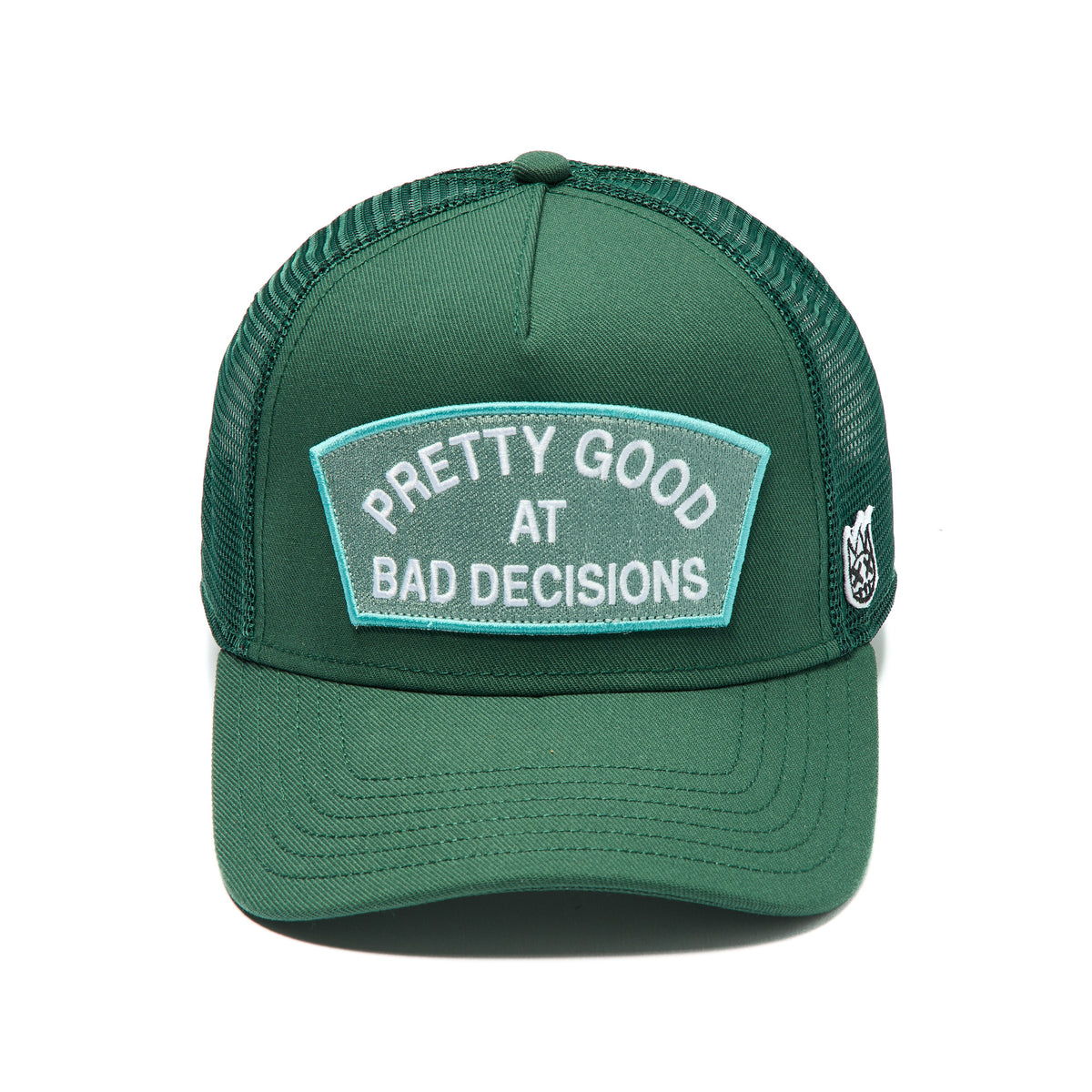 Cult's Mesh Trucker Hat "Good At Bad Decisions" In Bayberry