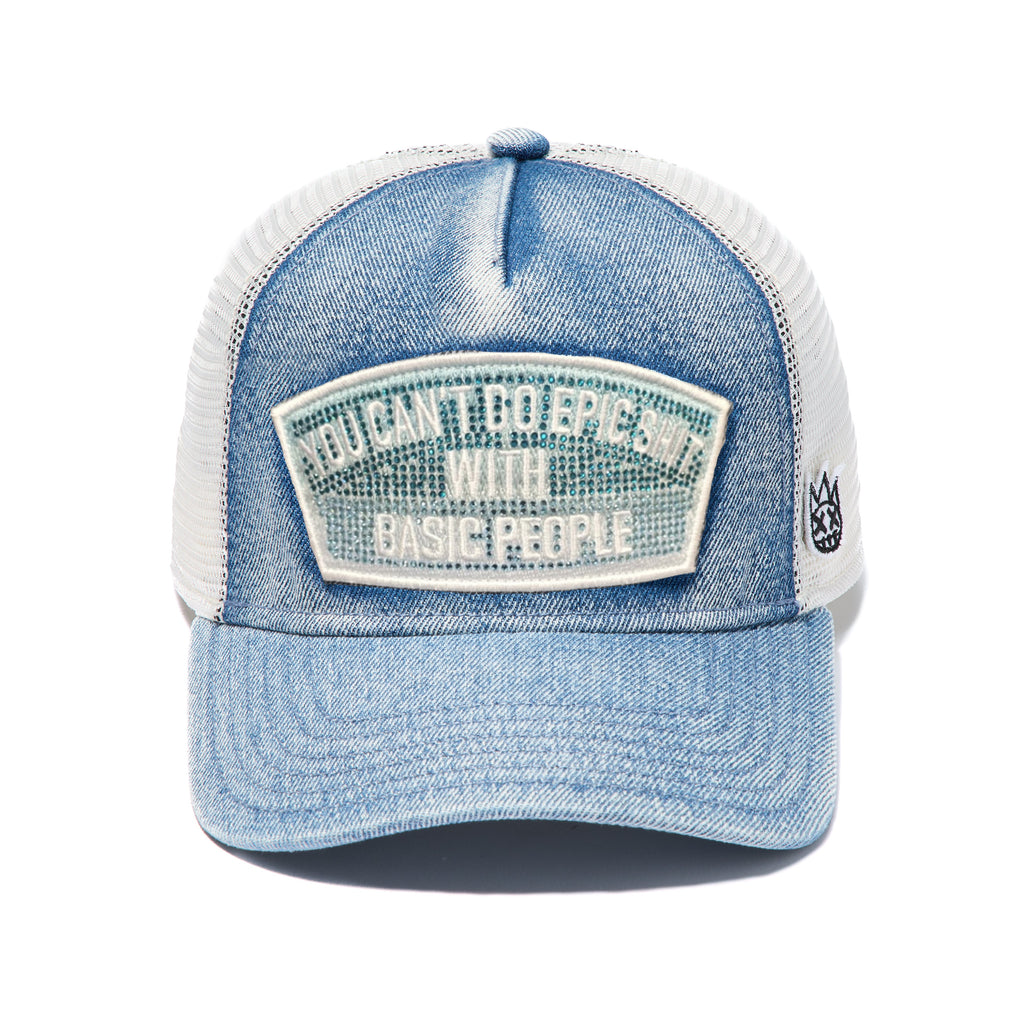 Cult's Mesh Trucker Hat "Epic Shit" Crystals In Blue Denim