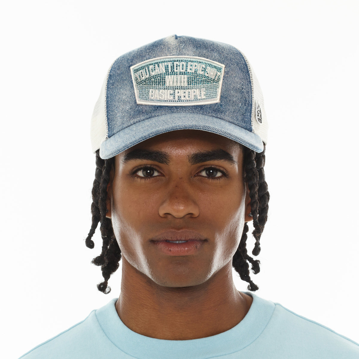 Cult's Mesh Trucker Hat "Epic Shit" Crystals In Blue Denim