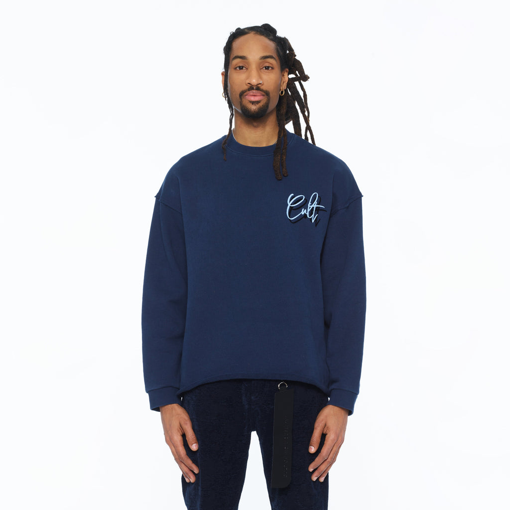Cult's French Terry Fleece Crew Sweatshirt "Mountains" 620 Grams In Navy