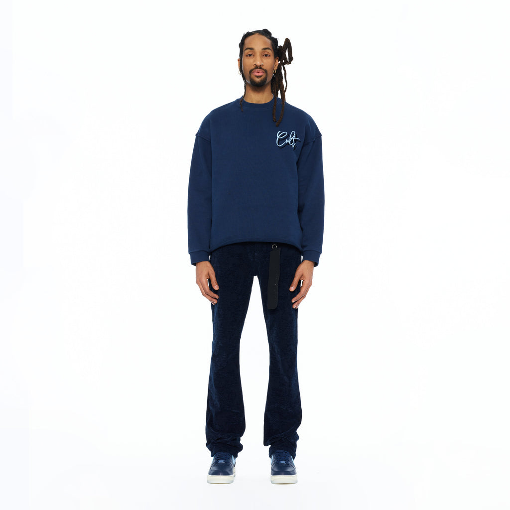 Cult's French Terry Fleece Crew Sweatshirt "Mountains" 620 Grams In Navy