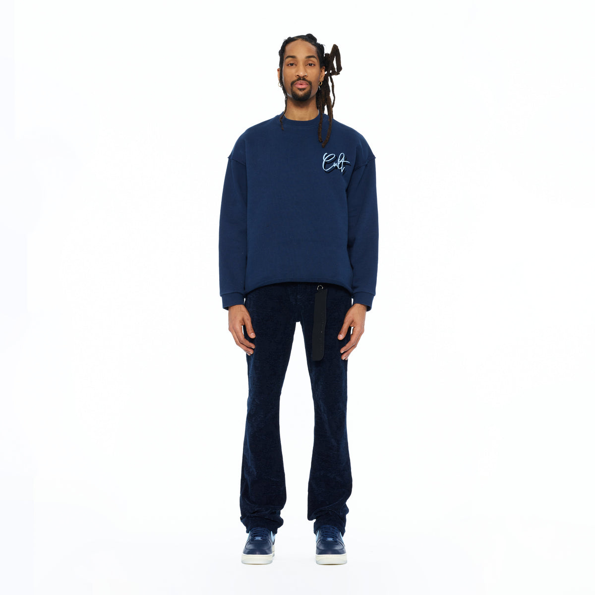 Cult's French Terry Fleece Crew Sweatshirt "Mountains" 620 Grams In Navy