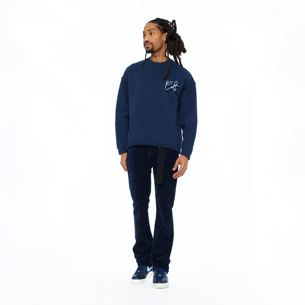 Cult's French Terry Fleece Crew Sweatshirt "Mountains" 620 Grams In Navy