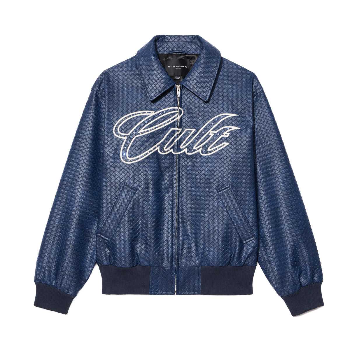 Cult's Woven Leather Varsity Jacket In Navy