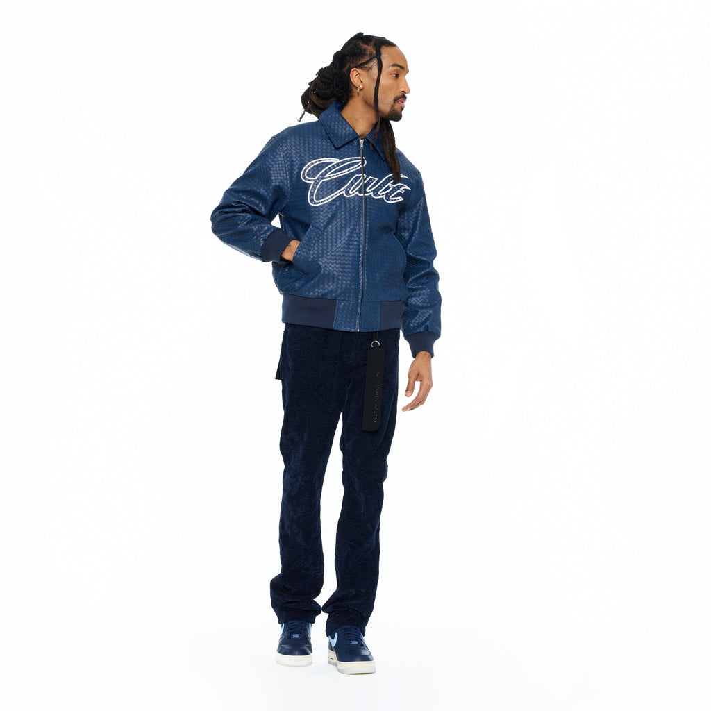 Cult's Woven Leather Varsity Jacket In Navy