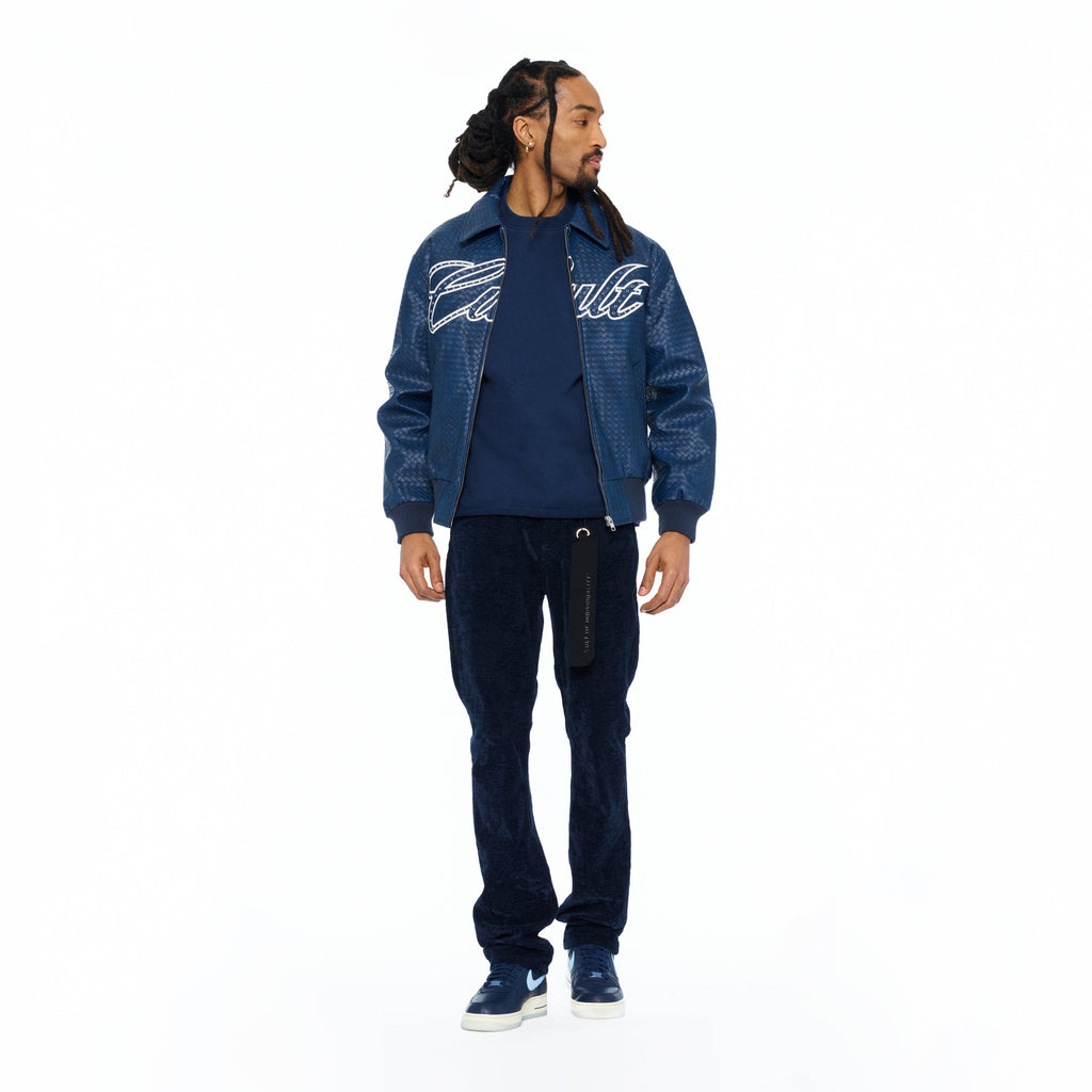 Cult's Woven Leather Varsity Jacket In Navy
