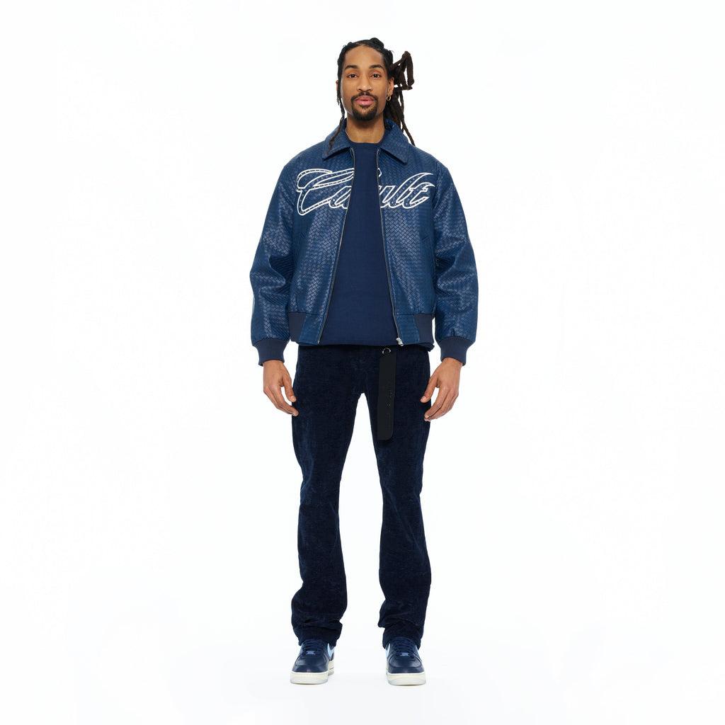 Cult's Woven Leather Varsity Jacket In Navy
