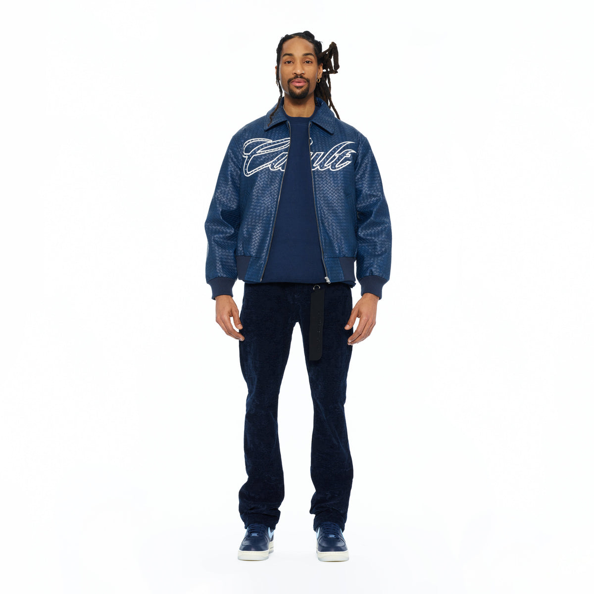 Cult's Woven Leather Varsity Jacket In Navy