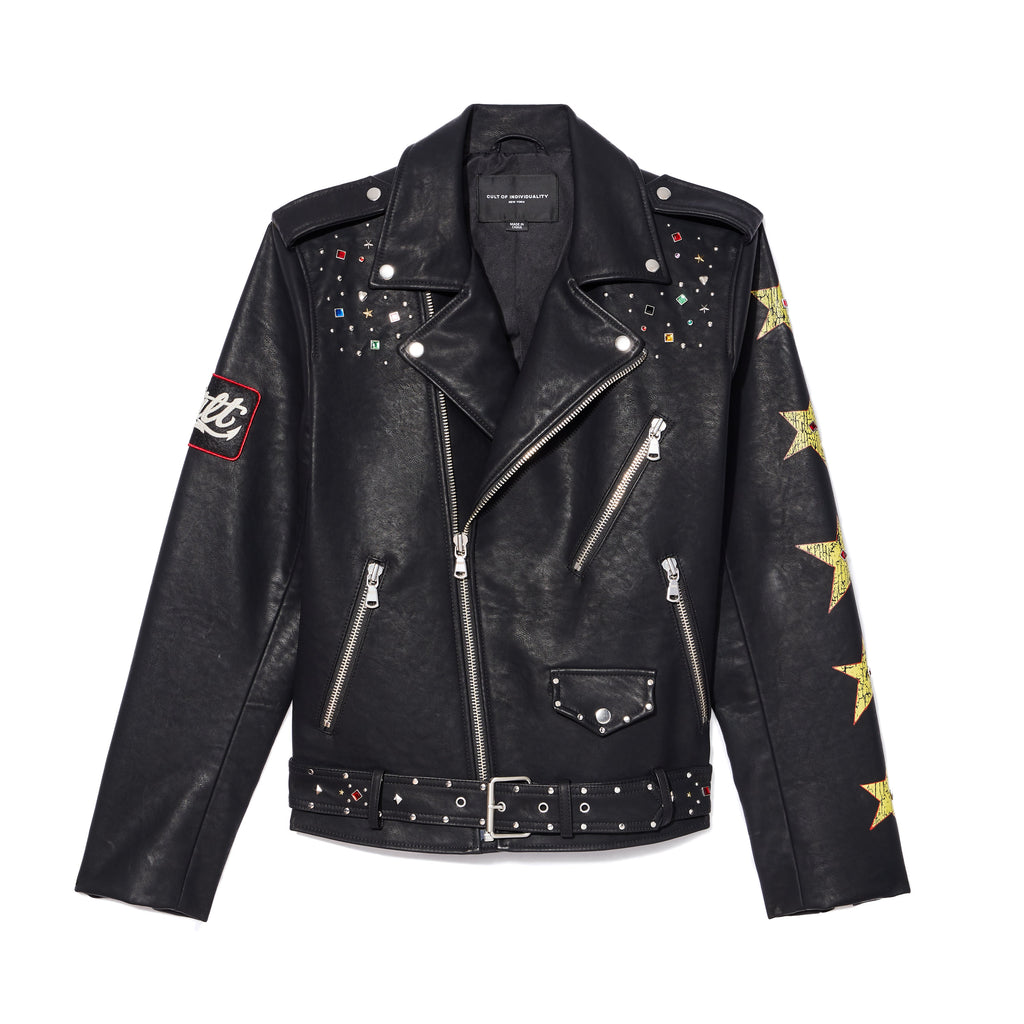 Cult's Leather Moto Jacket "Stars" In Black