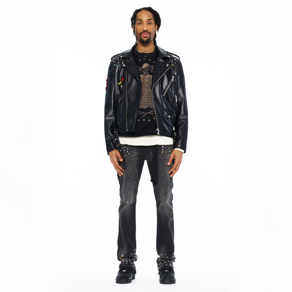 Cult's Leather Moto Jacket "Stars" In Black