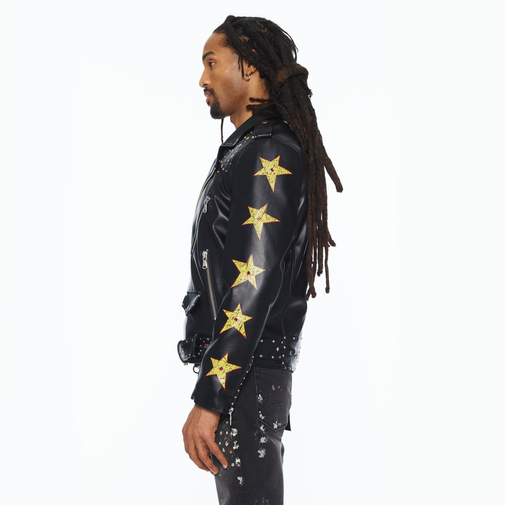 Cult's Leather Moto Jacket "Stars" In Black