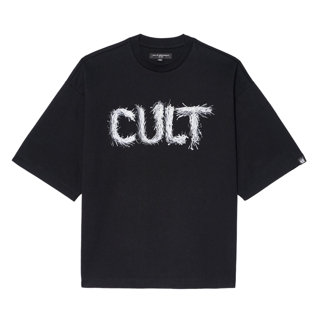 Cult's Oversized Short Sleeve Crew Neck Tee "Shredded" 260 Grams In Black