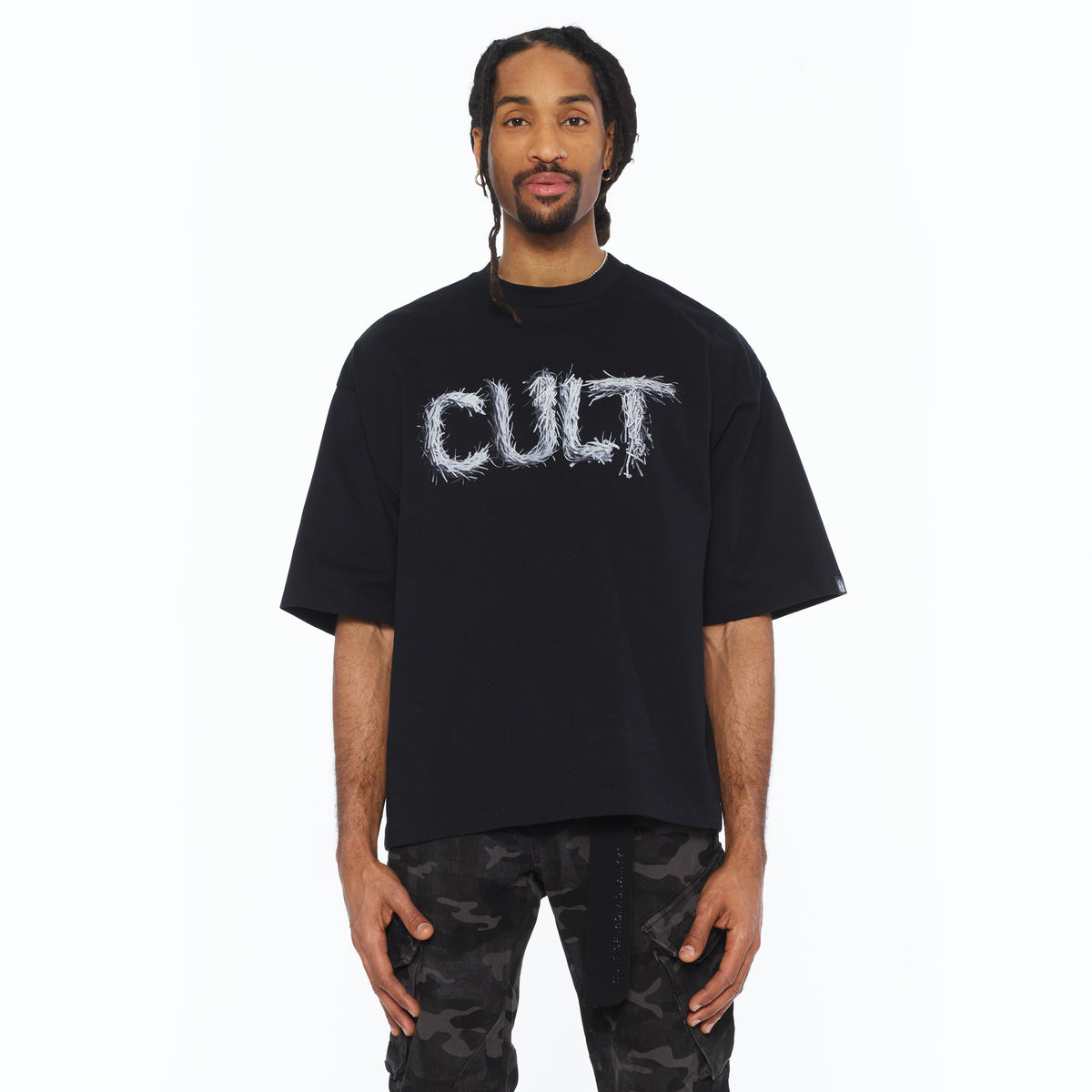 Cult's Oversized Short Sleeve Crew Neck Tee "Shredded" 260 Grams In Black